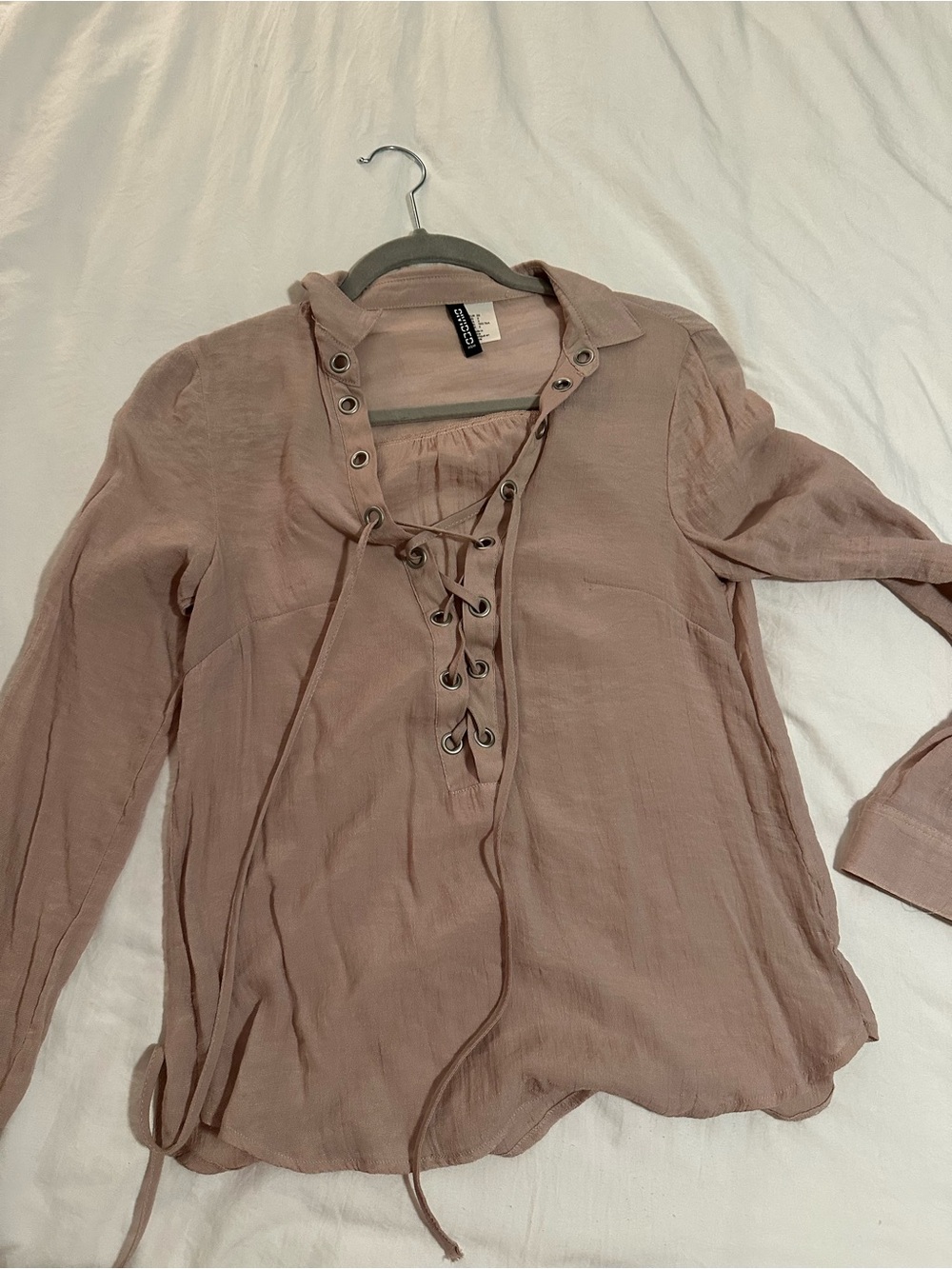 H&M Dusty Rose Lace-Up V-Neck Long Sleeve Blouse